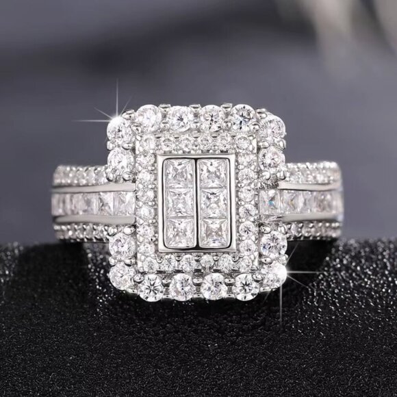 18k White Gold Diamond Ring Pave Diamond Princess Cut Ring - Picture 5 of 10